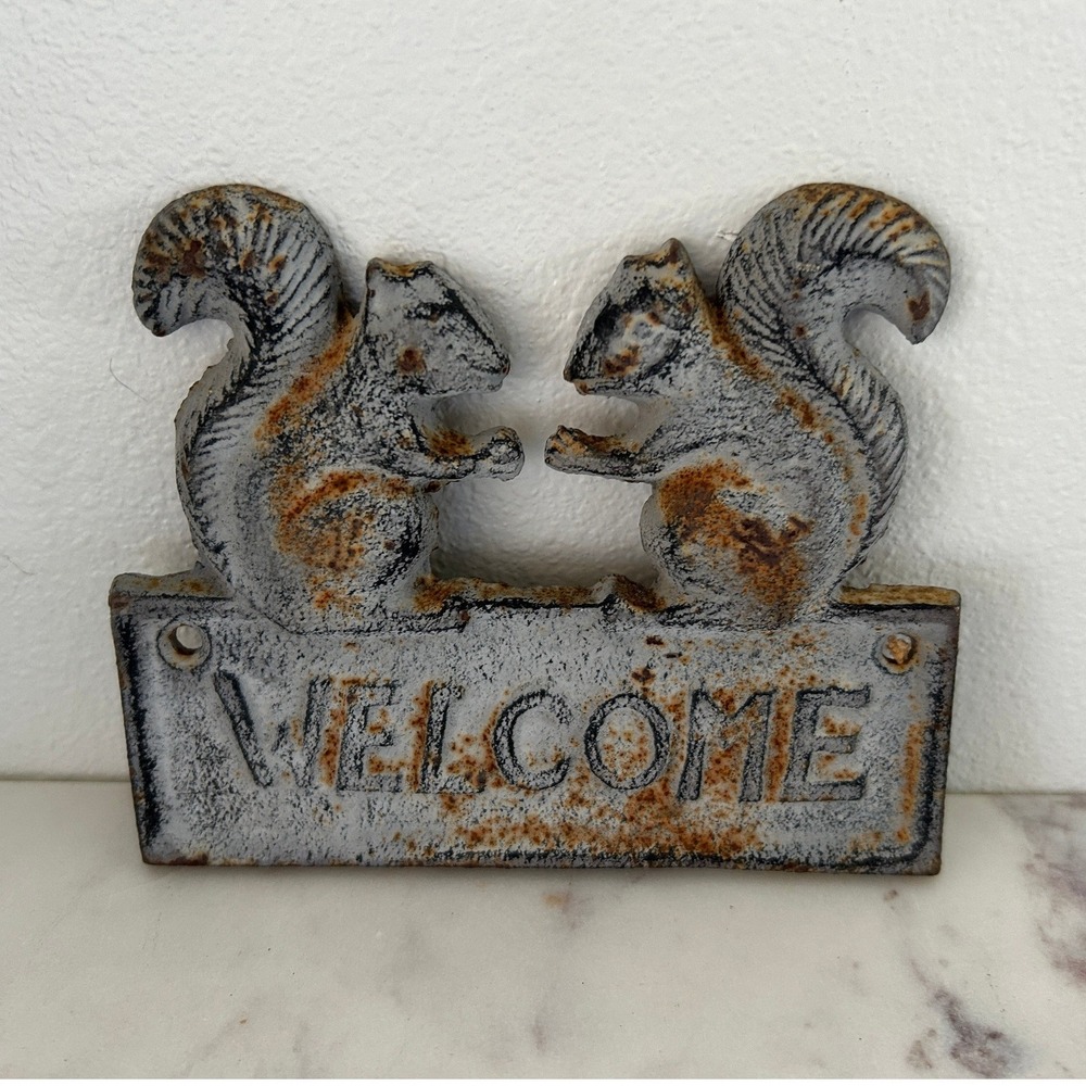 Vintage Cast Iron Squirrel Welcome Sign Rustic Garden Plaque Distressed Metal
